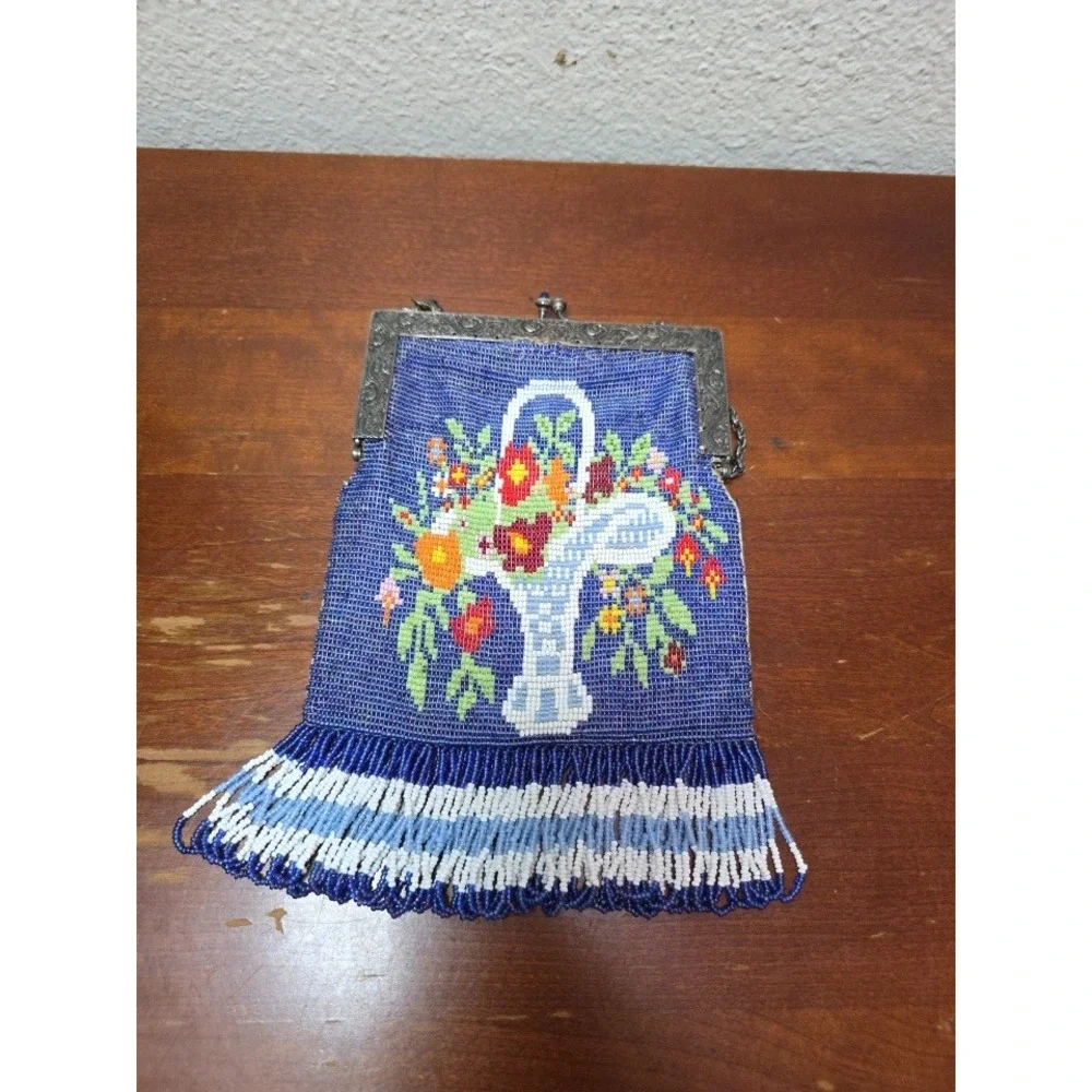 VTG Micro Beaded Floral Basket Evening Bag Blue Women Small Fringe Purse Y2k 80s